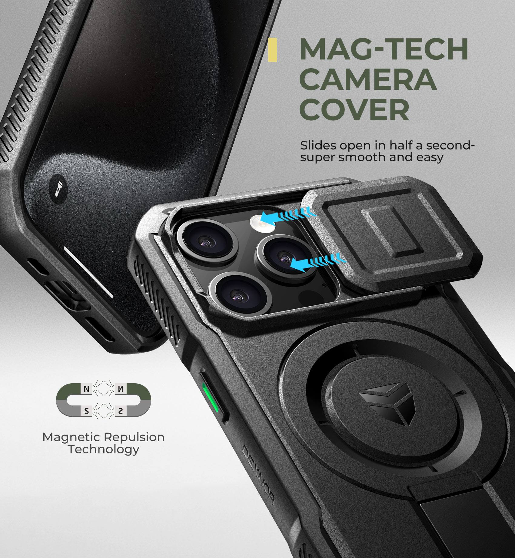 MAG-TECH CAMERA COVER  
Slides open in half a second- super smooth and easy  

Magnetic Repulsion Technology  

DEKNOR