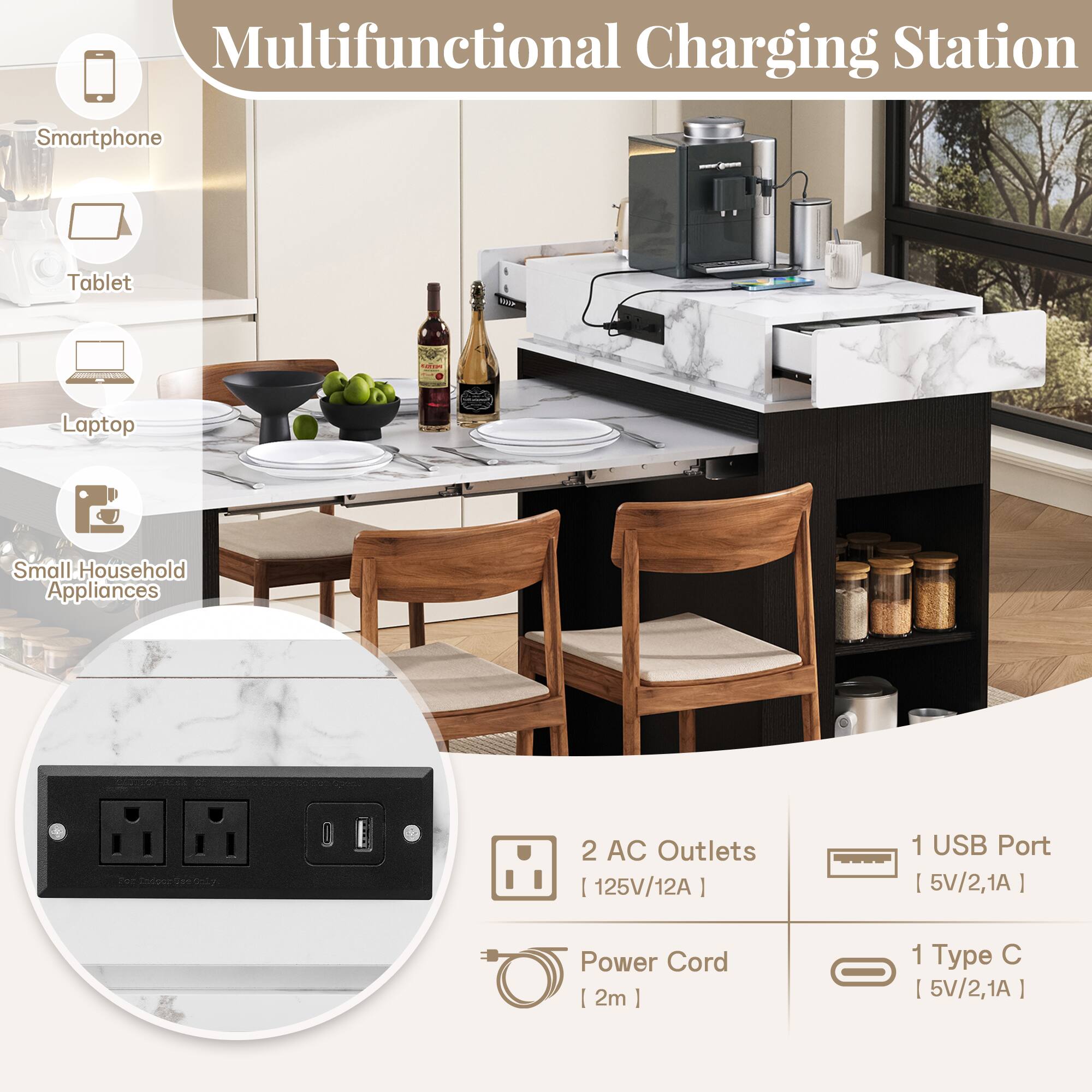 Multifunctional Charging Station Smartphone Tablet Laptop Small Household Appliances Todoortse Only Y 2 AC Outlets 125V/12A 1 USB Port 5V/2.1A : Power Cord 2m : 1 Type C 5V/2.1A
