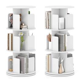 Costway - 2 PCS 3-Tier Rotating Bookshelf 360° Display Rack Dividers & Anti-falling Baffles - White