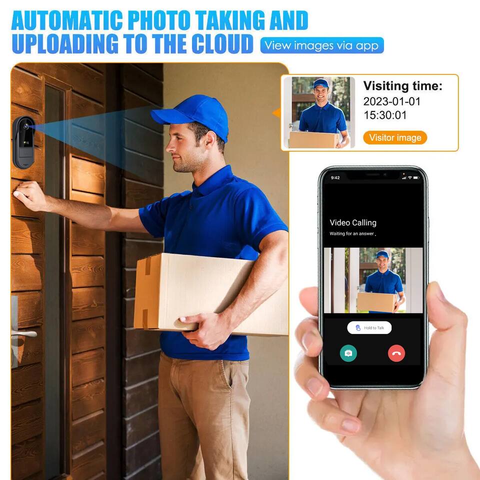 AUTOMATIC PHOTO TAKING AND UPLOADING TO THE CLOUD  
View images via app  

Visiting time: 2023-01-01 15:30:01  
Visitor image 942  

Video Calling  
Waiting for an answer.  
Hold to Talk