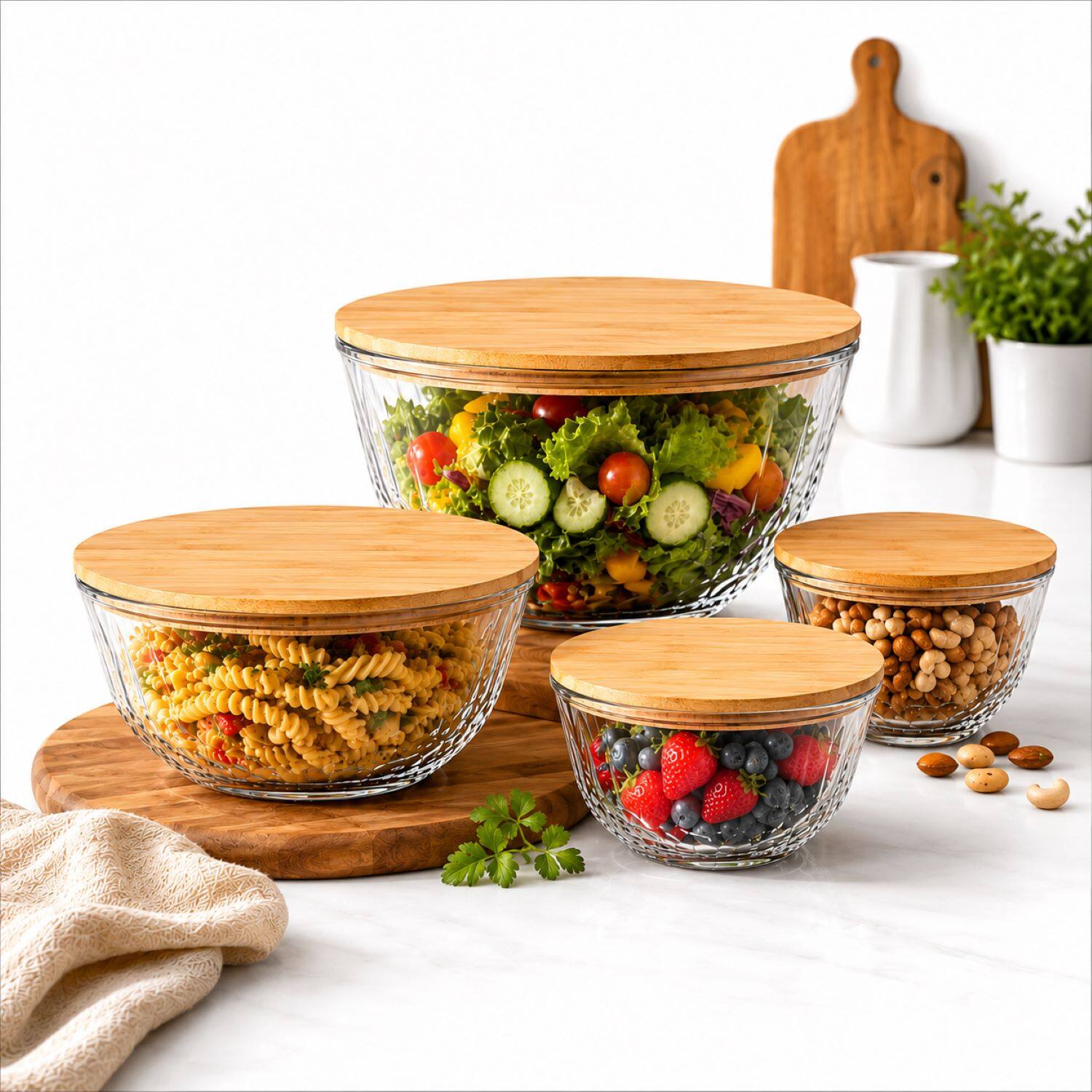 Alt View 7. Sorbus - Sorbus 4-Piece Glass Diamond Textured Bowl Set with Bamboo Lids, Mixing & Storage Microwave, Dishwasher & Freezer Safe.