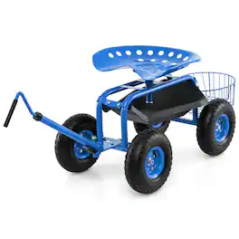 Costway - Garden Cart Rolling Work Seat Wagon Scooter for Planting with Extendable Handle - Blue