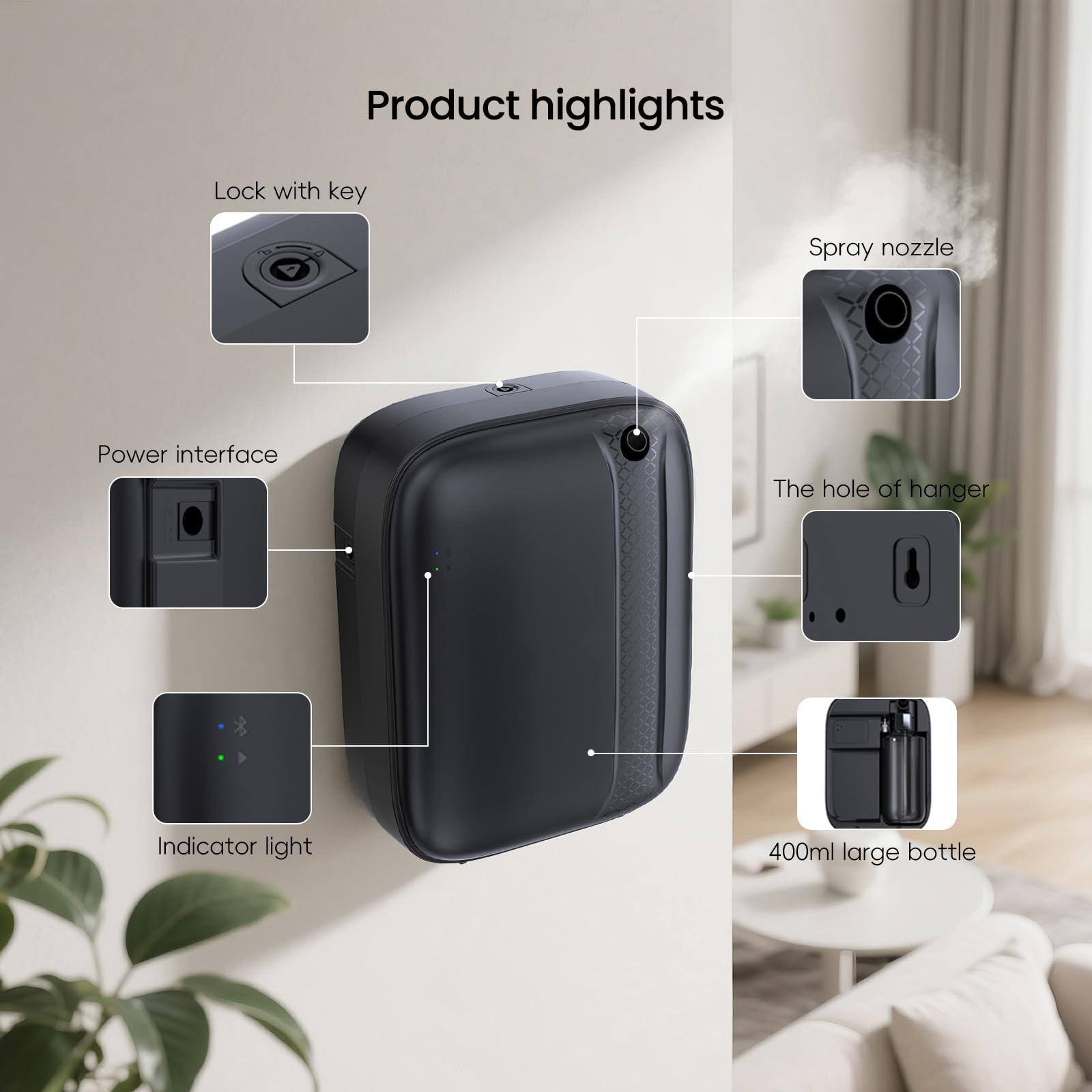 Product highlights

- Lock with key
- Power interface
- Indicator light
- Spray nozzle
- The hole of hanger
- 400ml large bottle