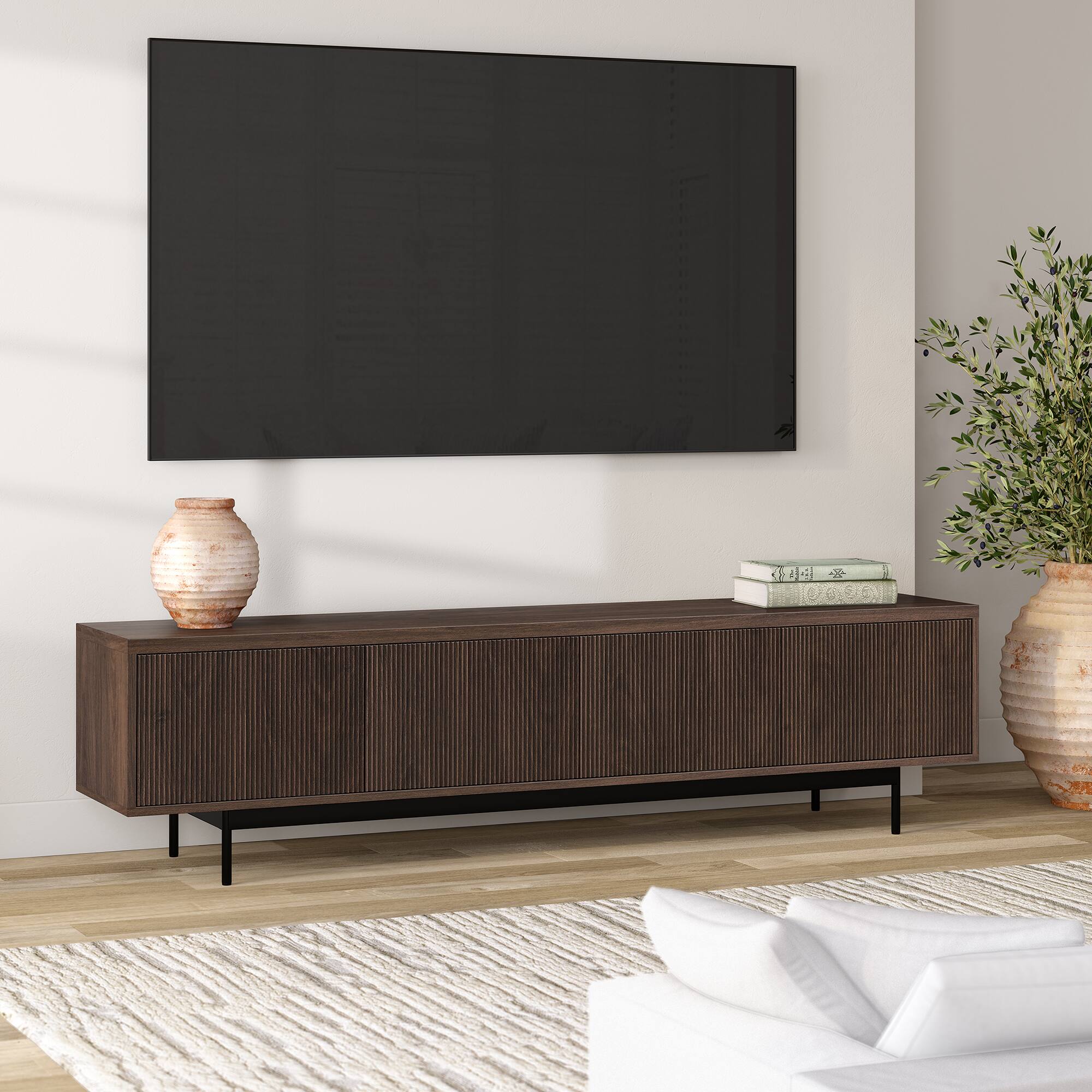 Alt View 3. Hudson&Canal - Whitman Rectangular Fluted TV Stand for TV's up to 85" in Alder Brown - Alder Brown.