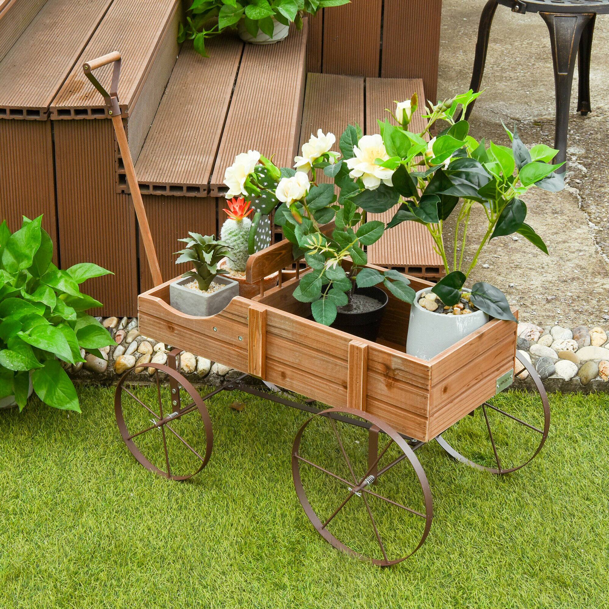Alt View 1. Gymax - Gymax Garden Plant Planter Wooden Wagon Planter W/ Wheel Garden Yard Brown - Brown.