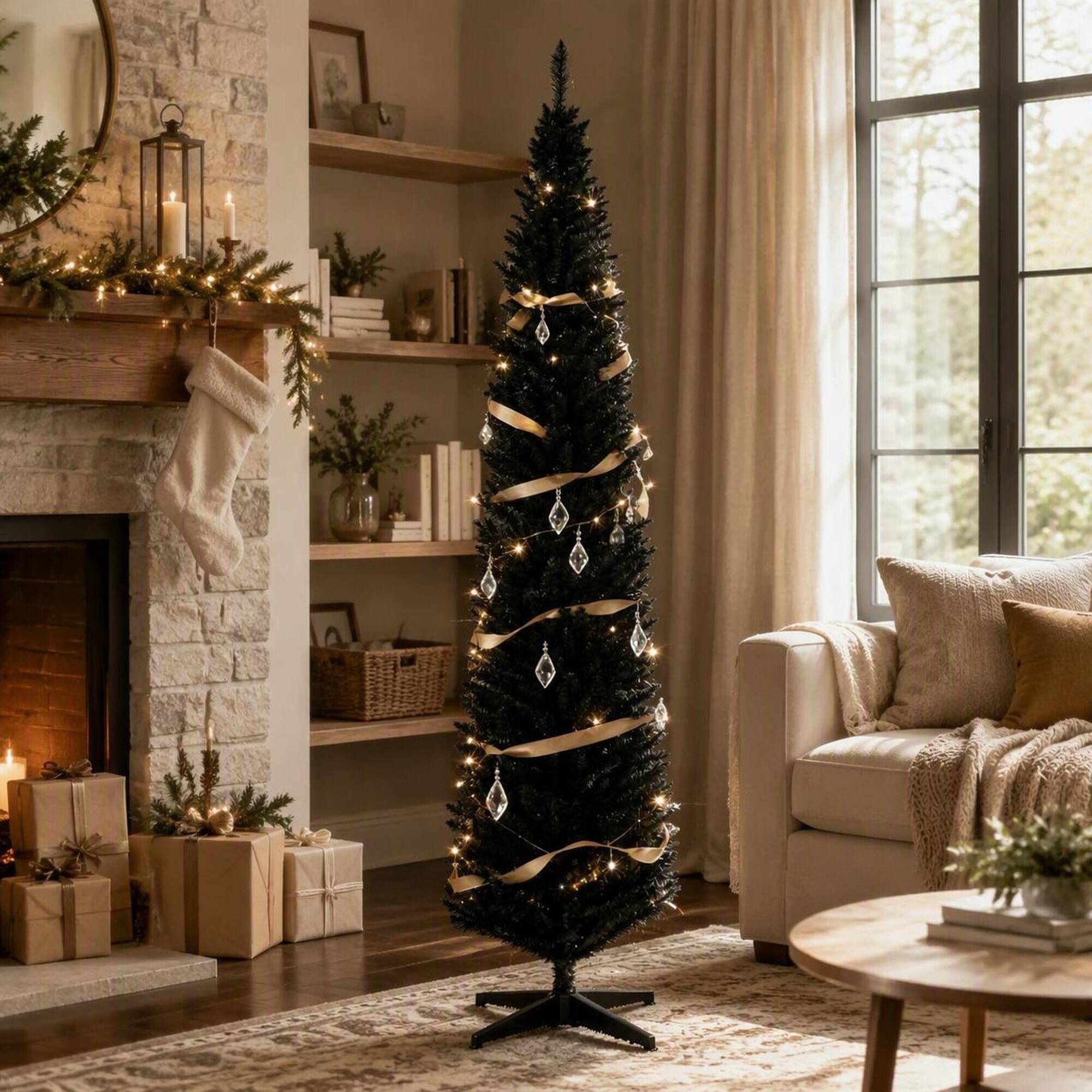 Left. RYHNUYNE - Classic Pencil Christmas Tree, Easy Assembly Slim Profile Realistic Branches Creates Cozy Warm Holiday Vibe - Black.