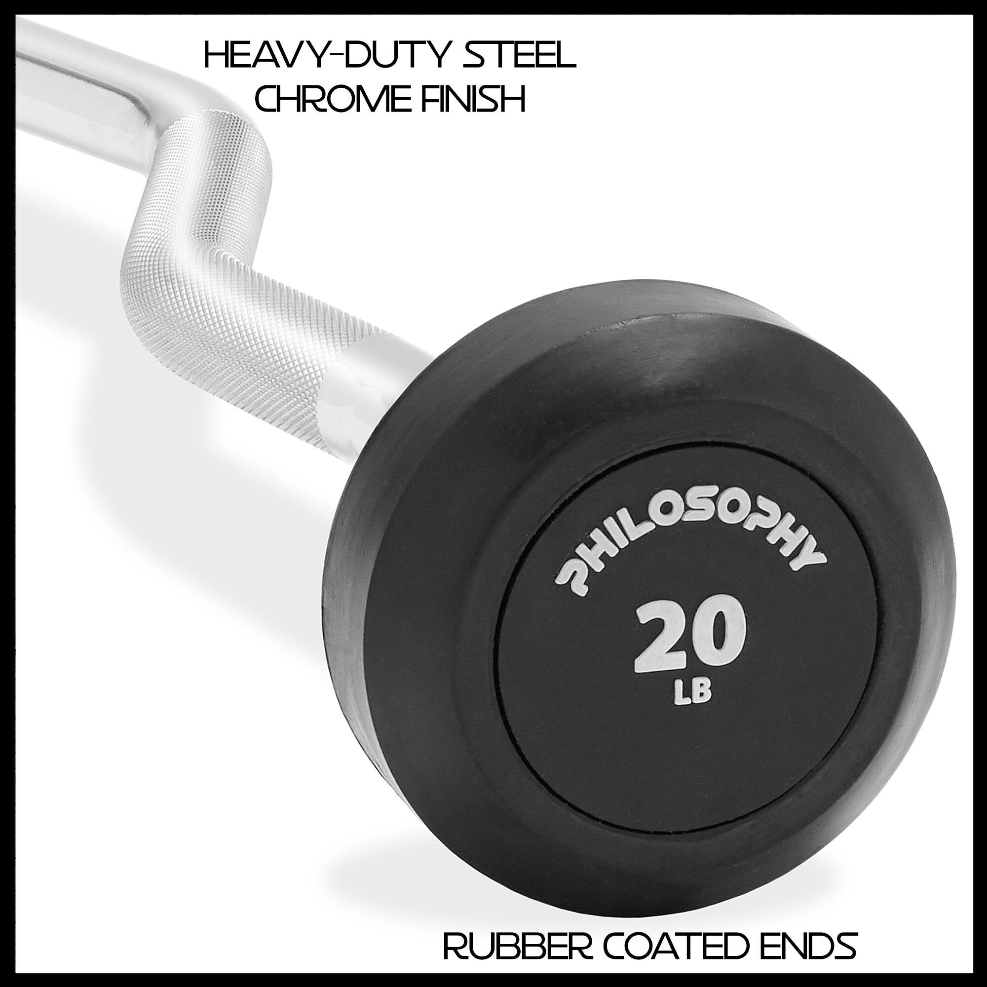 HEAVY-DUTY STEEL CHROME FINISH  
PHILOSOPHY  
20 LB  
RUBBER COATED ENDS