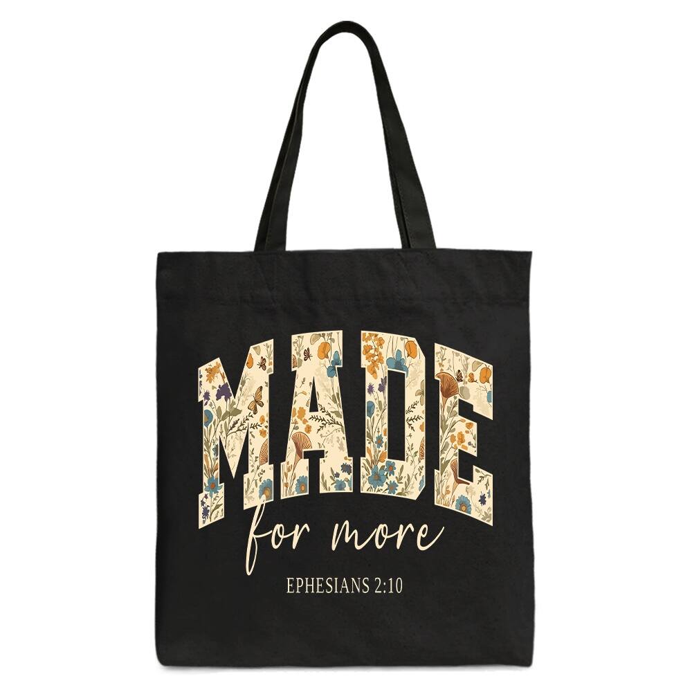 OrnamentallyYou - Made For More Ephesians 2:10 Floral Faithful Christians Canvas Tote Bag, Jesus Bible Verse Gift Shopper - Black