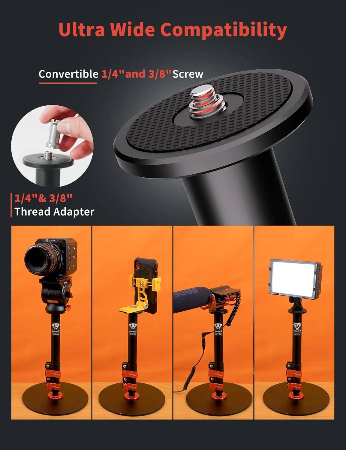 Ultra Wide Compatibility

Convertible 1/4" and 3/8" Screw

1/4" & 3/8" Thread Adapter