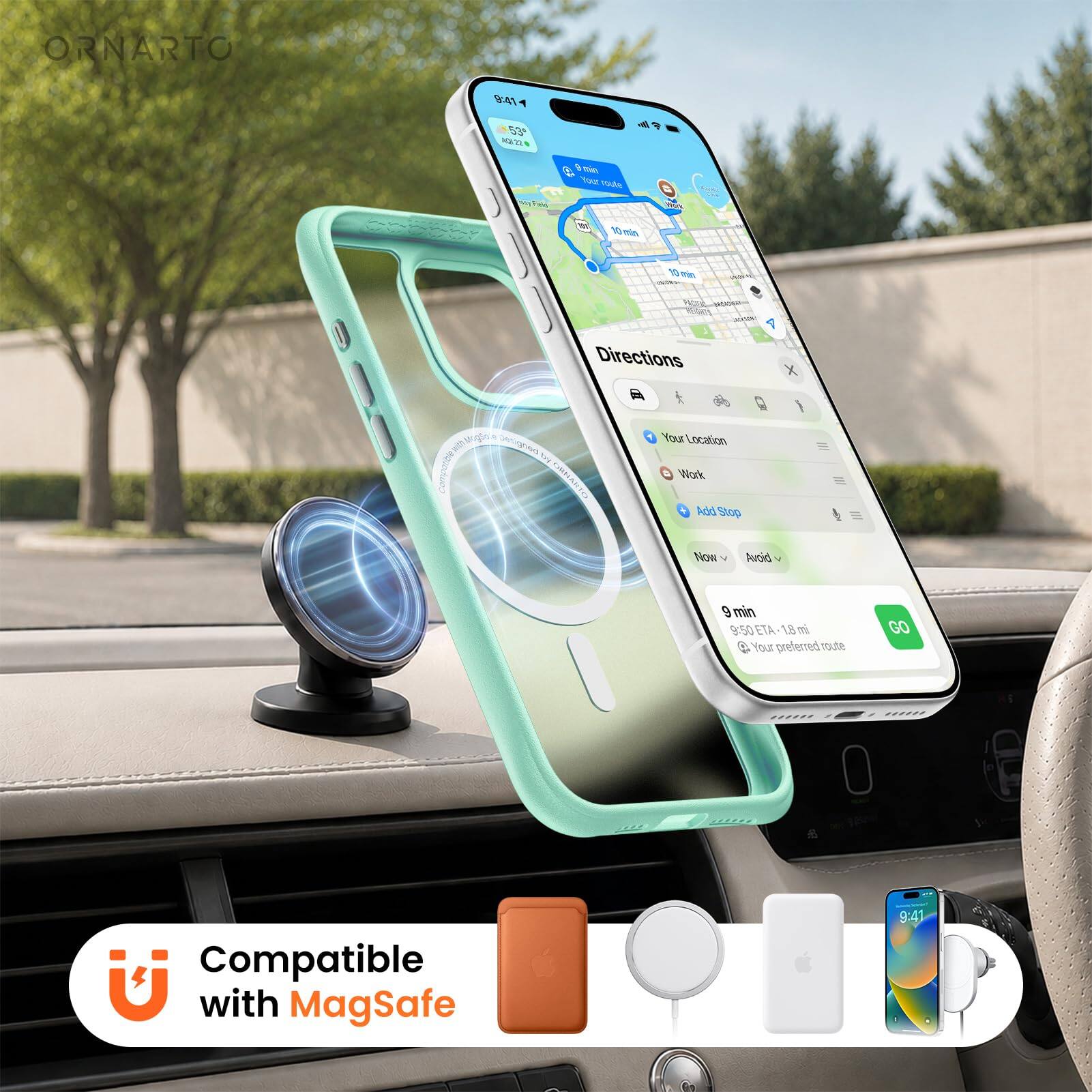 ORNARTO 94 52 MAI - Tue nda 15 - 1 - Wa AM A Directions X ga Srrs wOh THd I Seeo GLIVIMS Your Location Work Rde Stop Now Avoid 9 min 9:50 ETA-1 18 m 4 Your preferred route GO Compatible with MagSafe 9:41