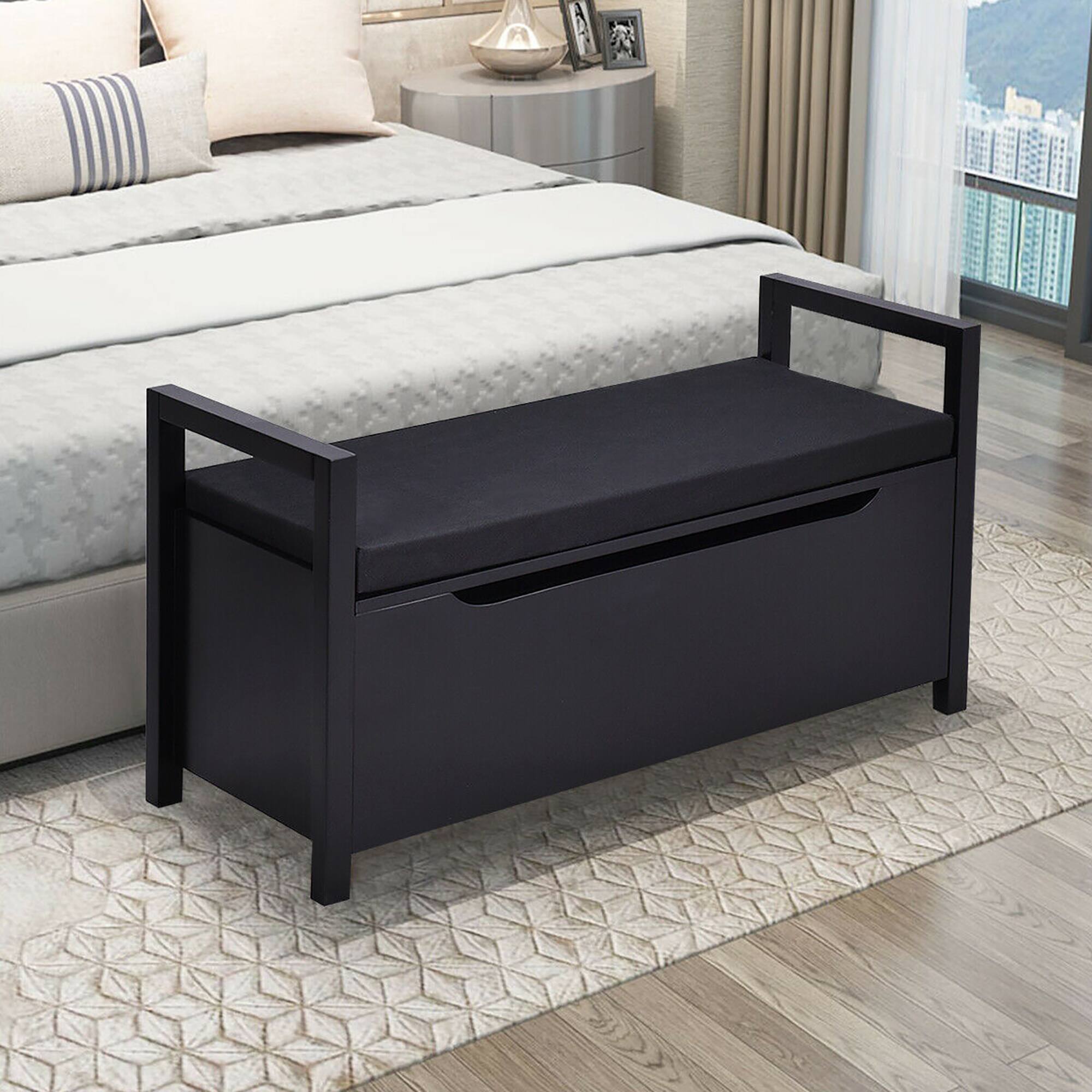 Alt View 13. Costway - Shoe Bench Storage Rack Cushion Seat Ottoman Bedroom Hallway Entryway Black - Black.