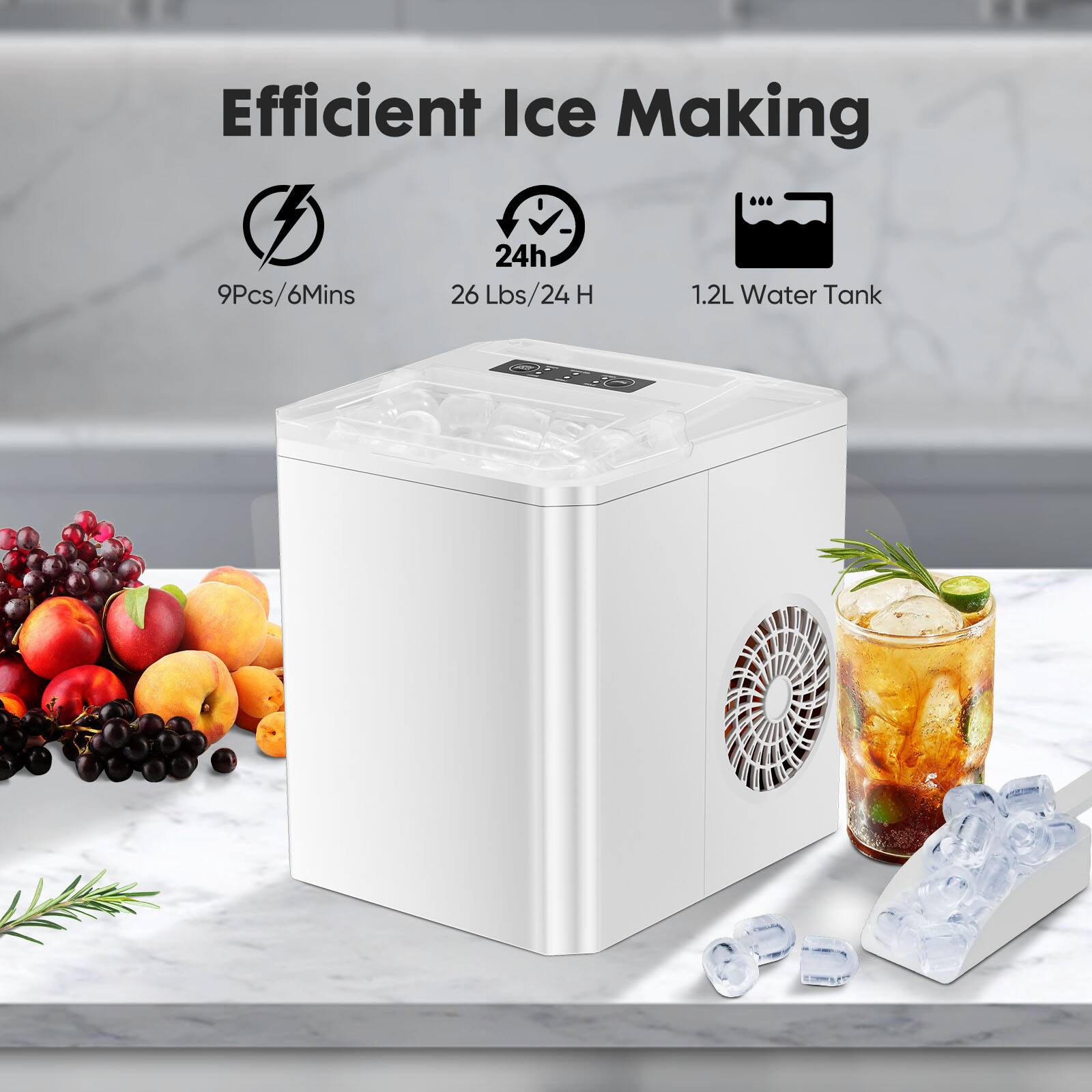 Efficient Ice Making

9Pcs/6Mins

24h

26 Lbs/24 H

1.2L Water Tank
