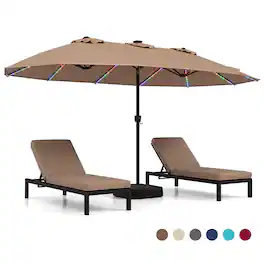 Gymax - 15.5 FT Extra-Large Patio Umbrella w/Base Included 12 Ribs 12 Light Modes - Brown