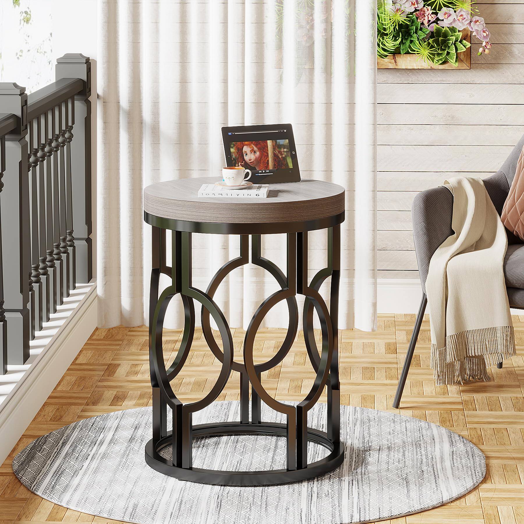 Alt View 2. Tribesigns - Round End Table, Industrial Side Table with Metal Hollow Frame, Small Bedside Table Nightstand for Living Room, Bedroom, - Grey.