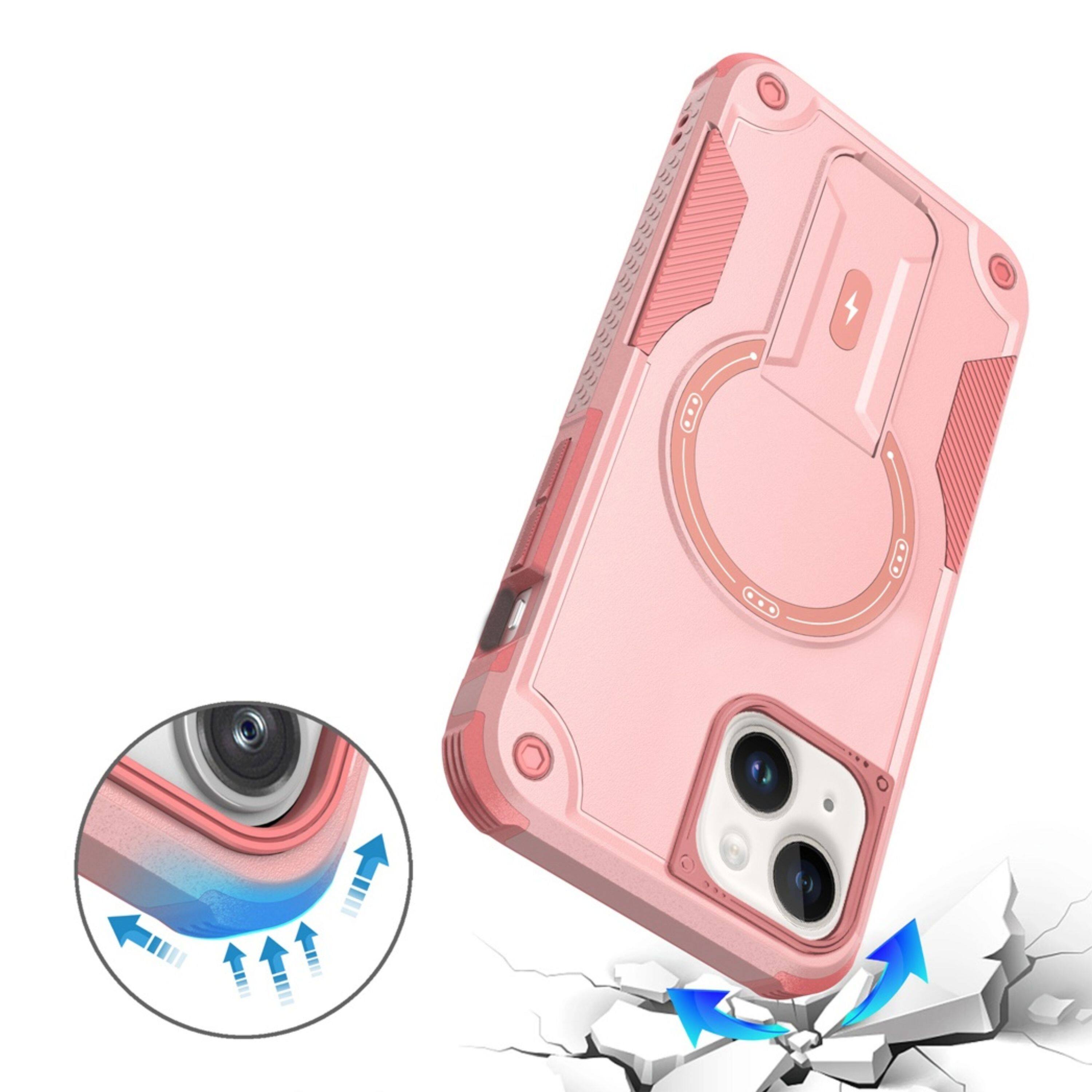 Left. Kitcheniva - Magnetic Circle Rugged Grip Kickstand Phone Case With 2 Pcs Tempered Glass For iPhone 15 Plus Pink - Pink.