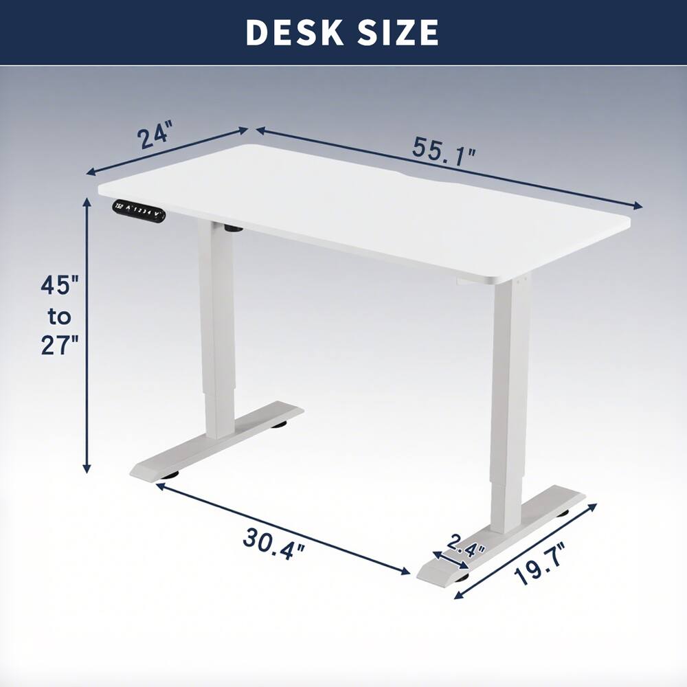 DESK SIZE

- Width: 55.1"
- Depth: 24"
- Height: 45" to 27"
- Base Width: 30.4"
- Base Depth: 19.7"
- Base Height: 2.4"