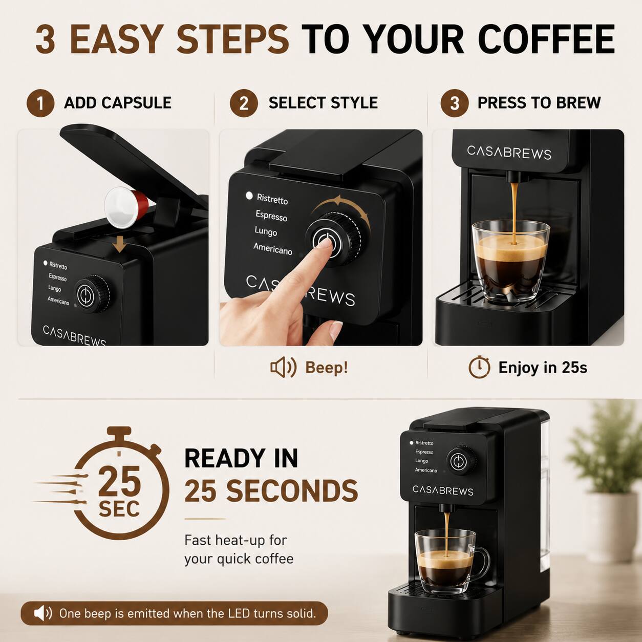 3 EASY STEPS TO YOUR COFFEE

1. ADD CAPSULE
2. SELECT STYLE
3. PRESS TO BREW

CASABREWS
Ristretto Espresso Lungo Americano

Beep! Enjoy in 25s

READY IN 25 SECONDS

Fast heat-up for your quick coffee

One beep is emitted when the LED turns solid.