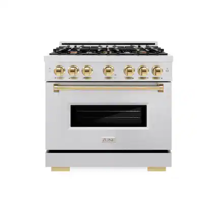 Front. ZLINE - ZLINE Autograph 36 in. Classic Satin Steel Gas Range w/ 6 Burners & Gold Accents (CGRSZ-36-G) - Stainless Steel.