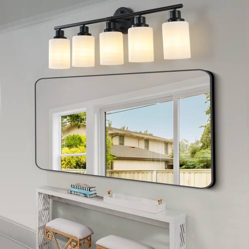 Alt View 2. LUCKY ONE - 31in Wall Mount Vanity Light, 5-Light Black Iron Sconce with Frosted White Glass Shades - Black.