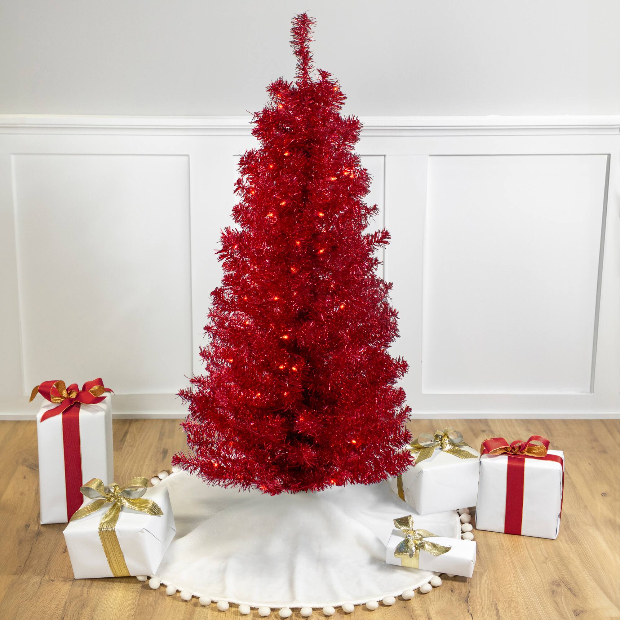 Front. Northlight - Pre-Lit Slim Tinsel Artificial Christmas Tree - 4' - Red - Clear Lights - Red.