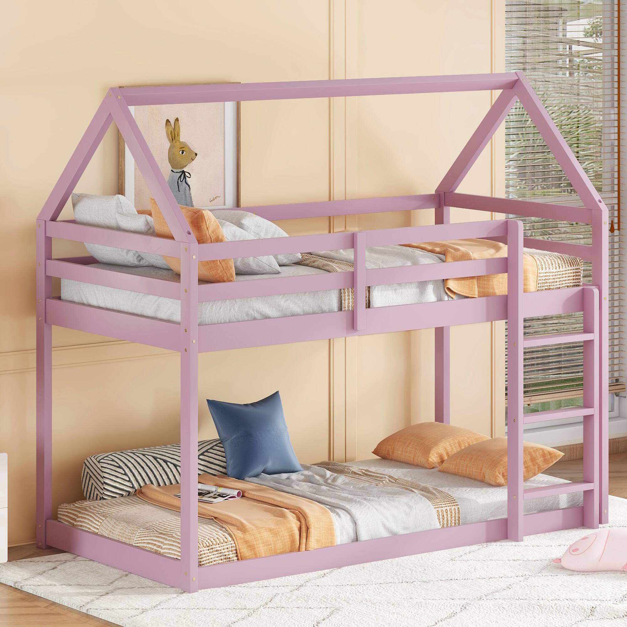 Front. Spaco - Spaco Twin over Twin Bunk Bed with Ladder, Rubber Wood Floor, Guardrails, House-Shaped-Bunk Bed, for Bedroom Kids Room - Pink.