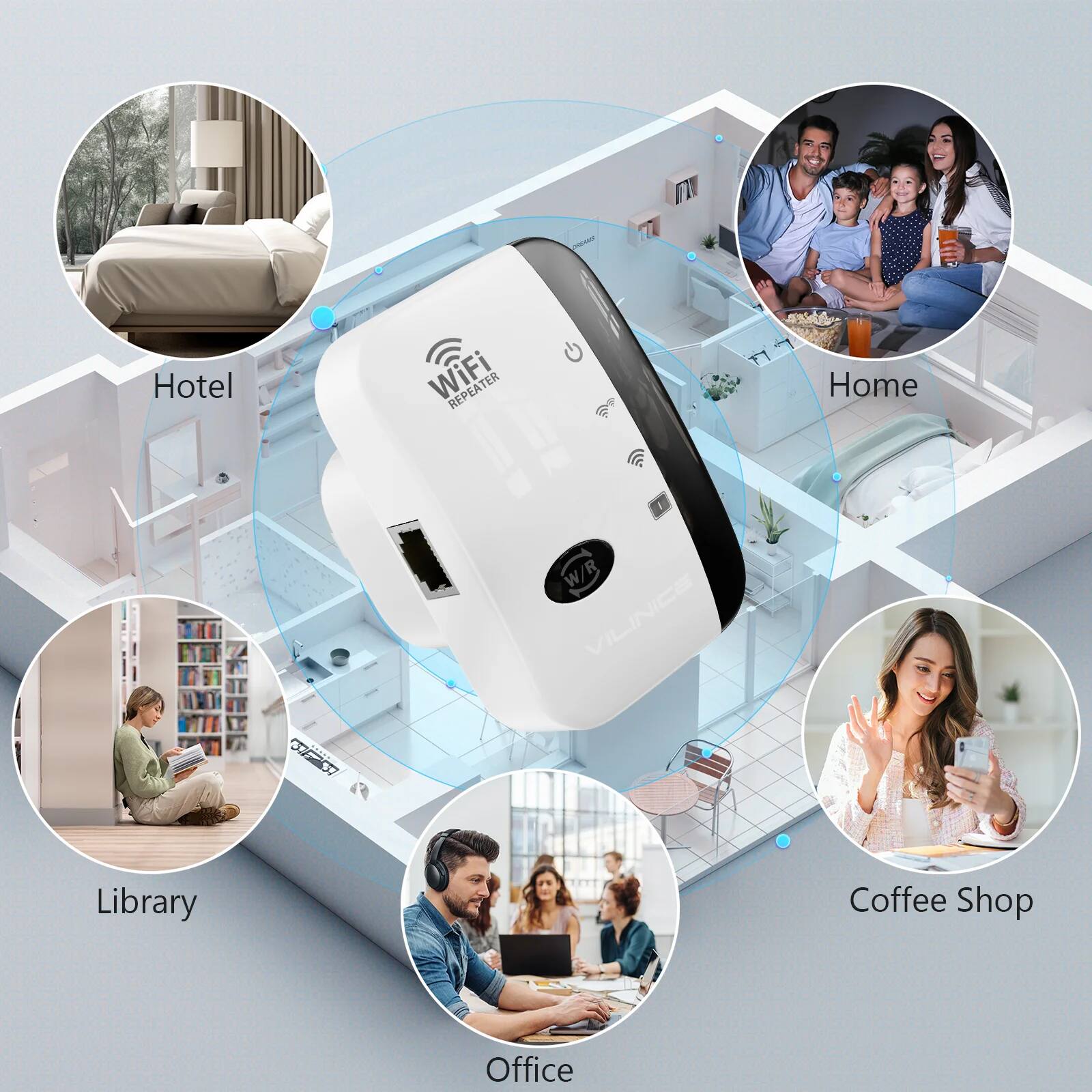 - Hotel WiFi REPEATER
- Home
- Library
- Coffee Shop
- Office