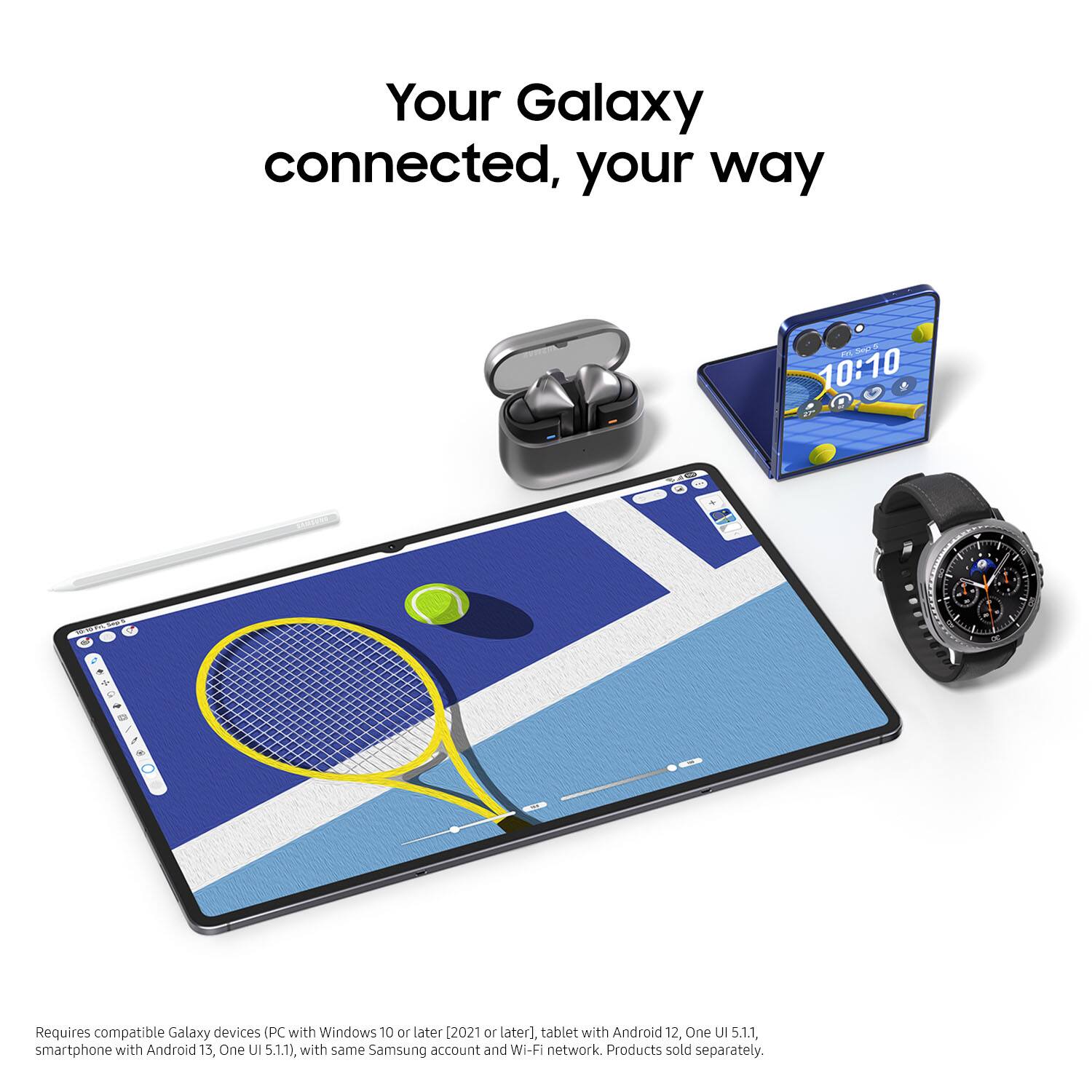Your Galaxy connected, your way

Requires compatible Galaxy devices (PC with Windows 10 or later [2021 or later], tablet with Android 12, One UI 5.1.1, smartphone with Android 13, One UI 5.1.1), with same Samsung account and Wi-Fi network. Products sold separately.