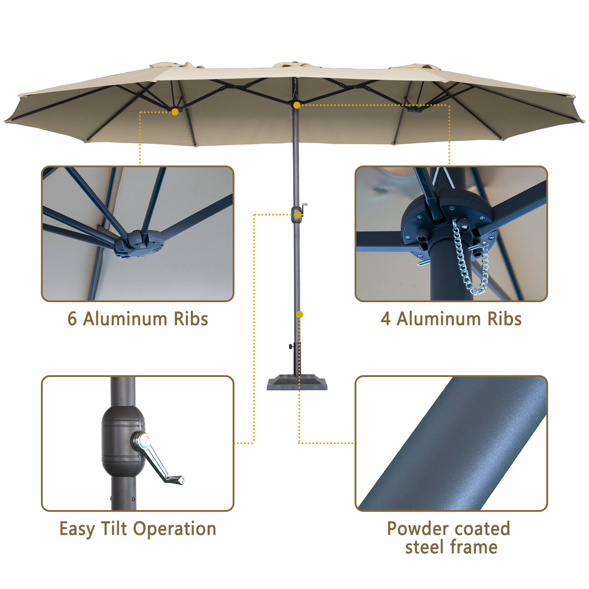 - 6 Aluminum Ribs
- 4 Aluminum Ribs
- Easy Tilt Operation
- Powder coated steel frame