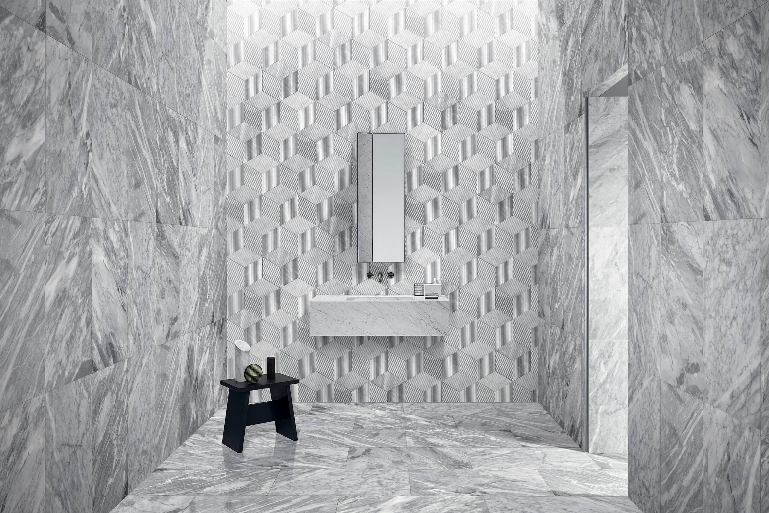 Alt View 5. APRILSOUL - Hexagon Carrara Gray Natural Marble Tiles OL Textured 3D Fluted - White.