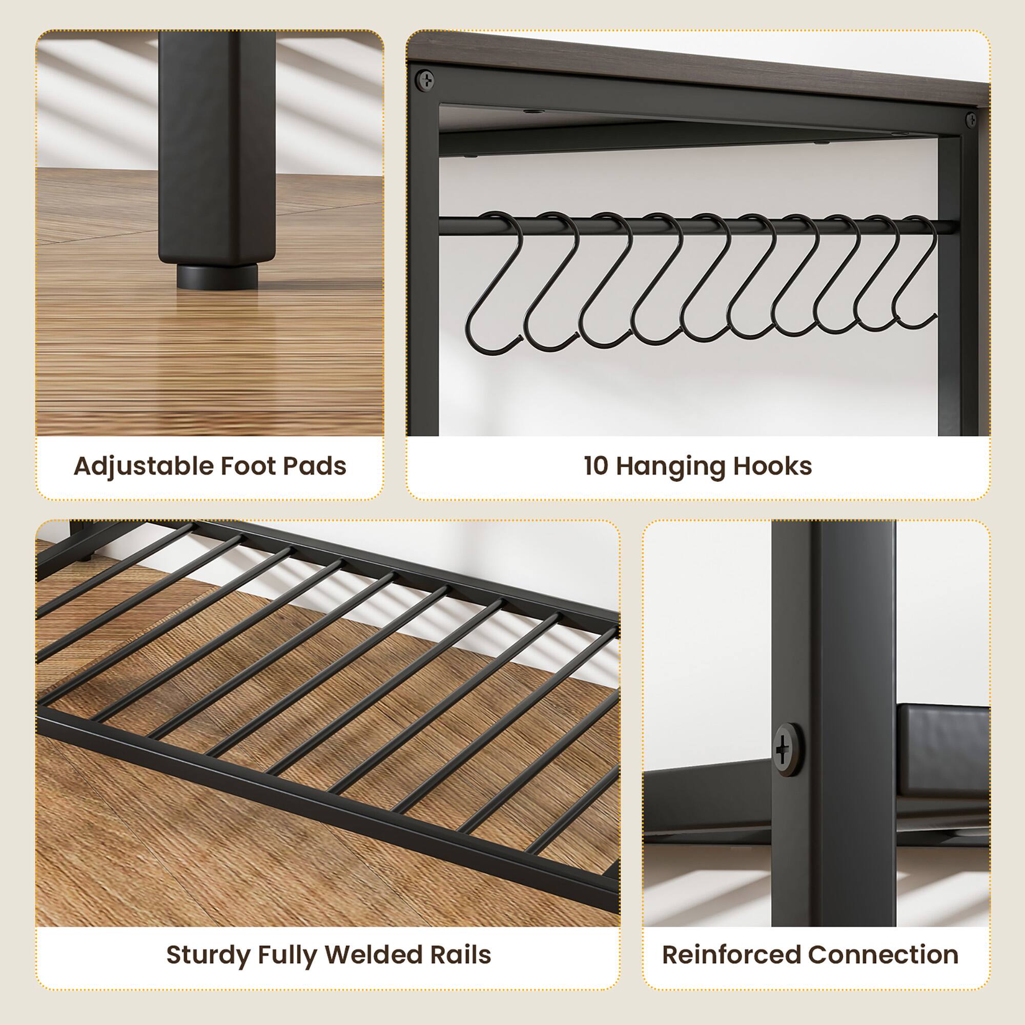 Adjustable Foot Pads  
10 Hanging Hooks  
Sturdy Fully Welded Rails  
Reinforced Connection