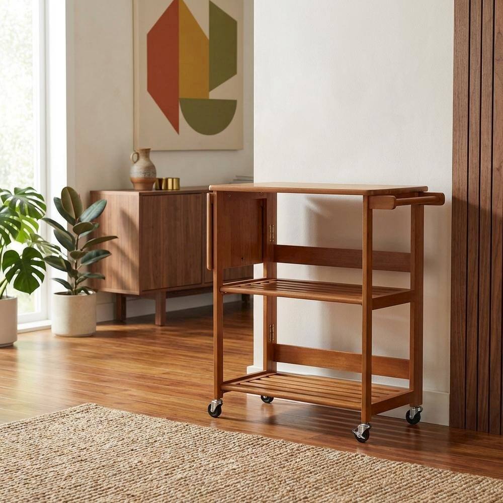 Alt View 4. FurniFact - Foldable Kitchen Cart - Light Oak.