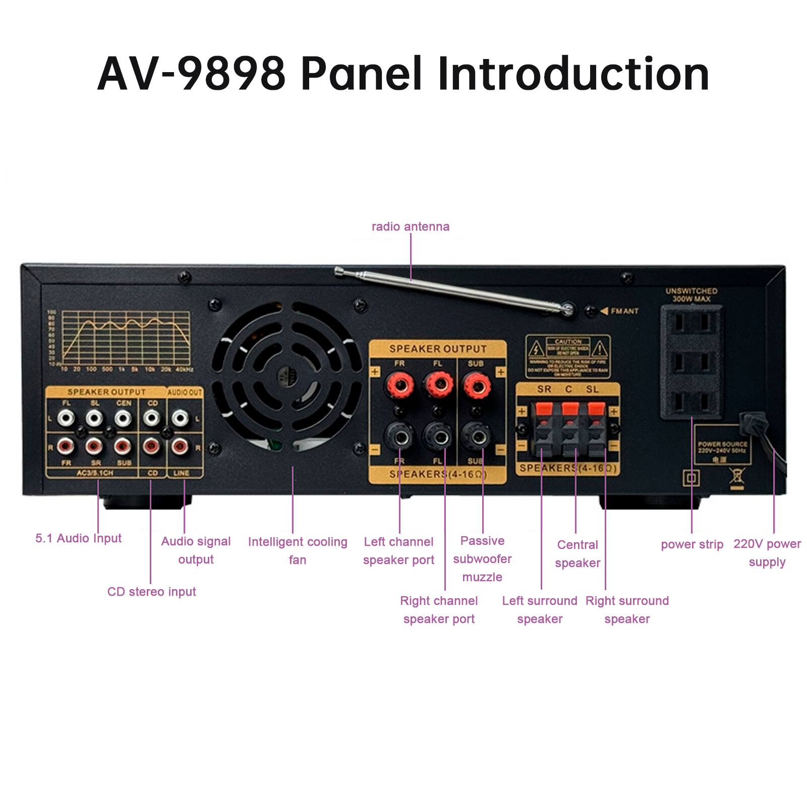 AV-9898 Panel Introduction

- Radio Antenna
- Speaker Output (FR, SR, SUB, CD, LINE)
- Audio Out
- Intelligent Cooling Fan
- Left Channel Speaker Port
- Passive Subwoofer Muzzle
- Central Speaker
- Power Strip (220V Power Supply)
- 5.1 Audio Input
- CD Stereo Input
- Right Channel Speaker Port
- Left Surround Speaker
- Right Surround Speaker