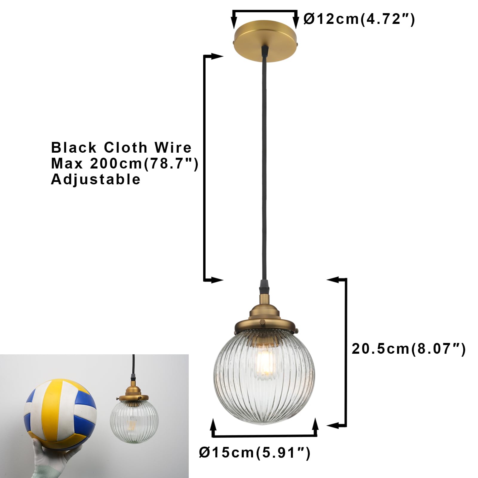 - Black Cloth Wire
- Max 200cm (78.7")
- Adjustable
- Ø12cm (4.72")
- 20.5cm (8.07")
- Ø15cm (5.91")