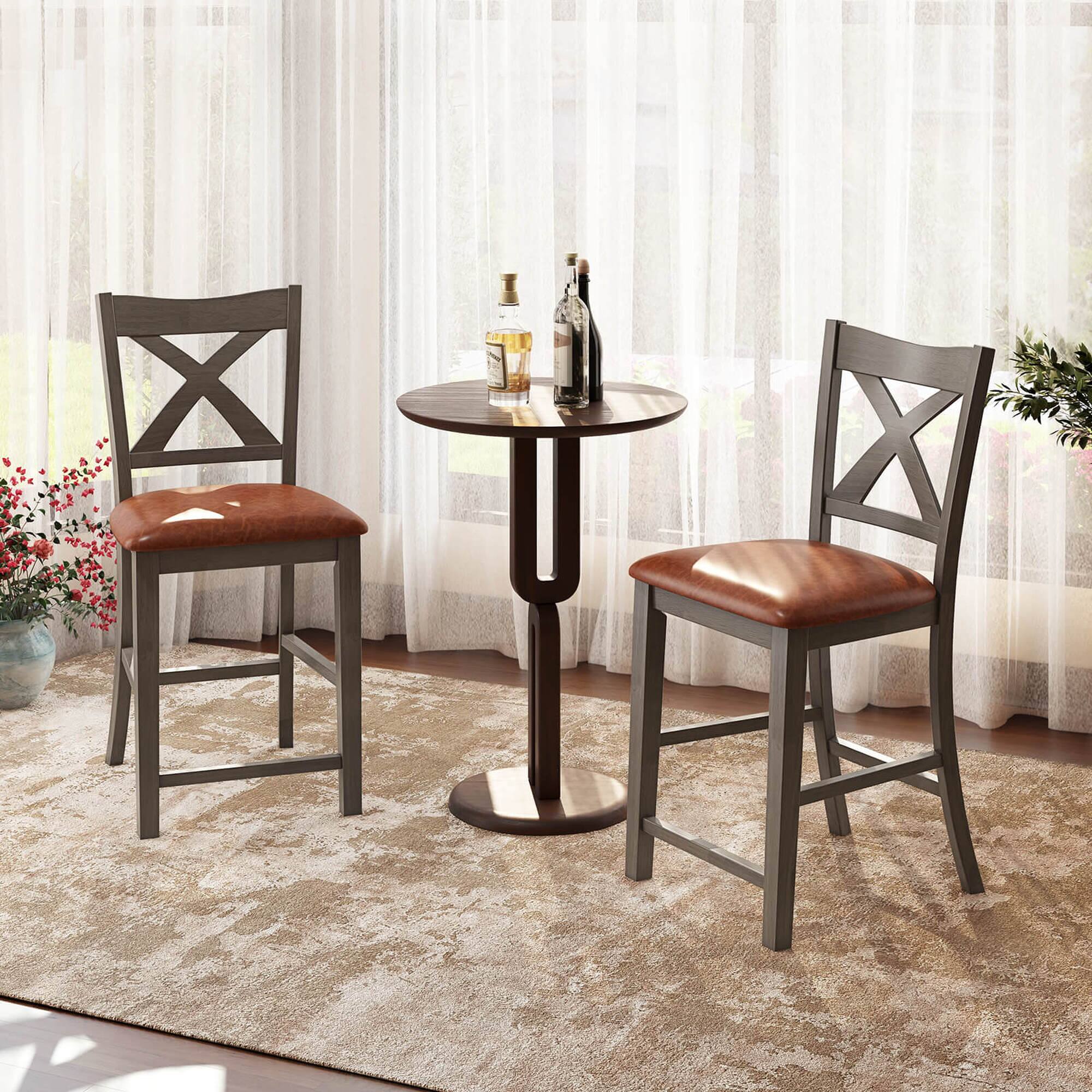 Alt View 1. Costway - 2 PCS 24" Counter Height Stools Bar Stools with Faux Leather Upholstered Seat - Gray+Brown.