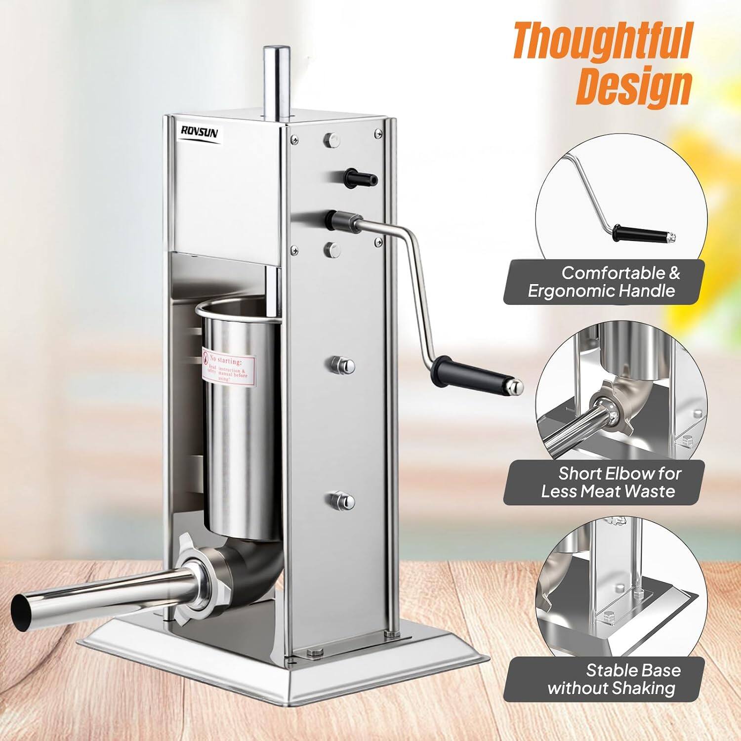 ROVSUN

Thoughtful Design

Comfortable & Ergonomic Handle

Short Elbow for Less Meat Waste

Stable Base without Shaking