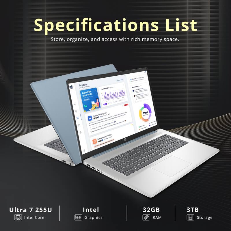 Specifications List  
Store, organize, and access with rich memory space.

- Ultra 7 255U  
- Intel Core  
- Intel Graphics  
- 32GB RAM  
- 3TB Storage