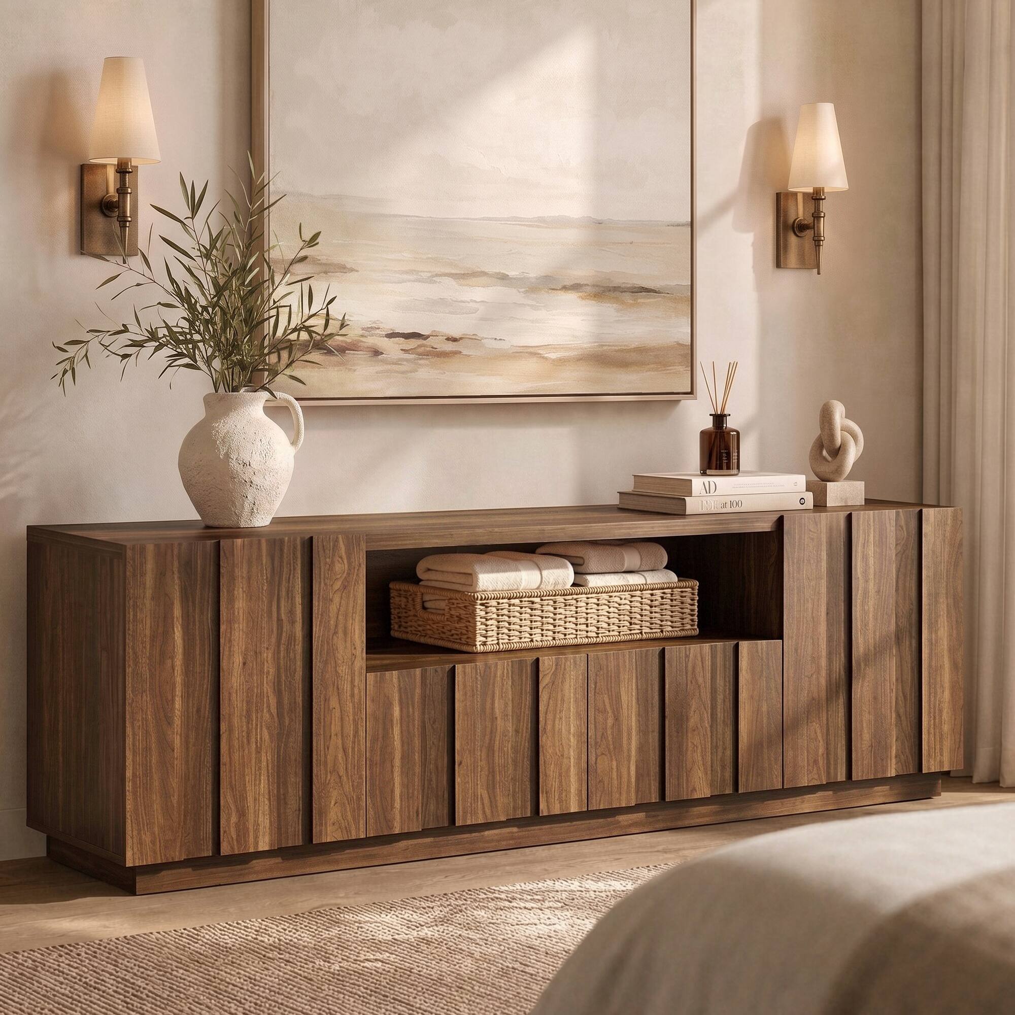 Left. ModernMate - 4-Piece Fluted Modern Living Room Set, 78.7 In TV Stand with Storage Cabinet, Coffee Table and 2 End Tables - Walnut.