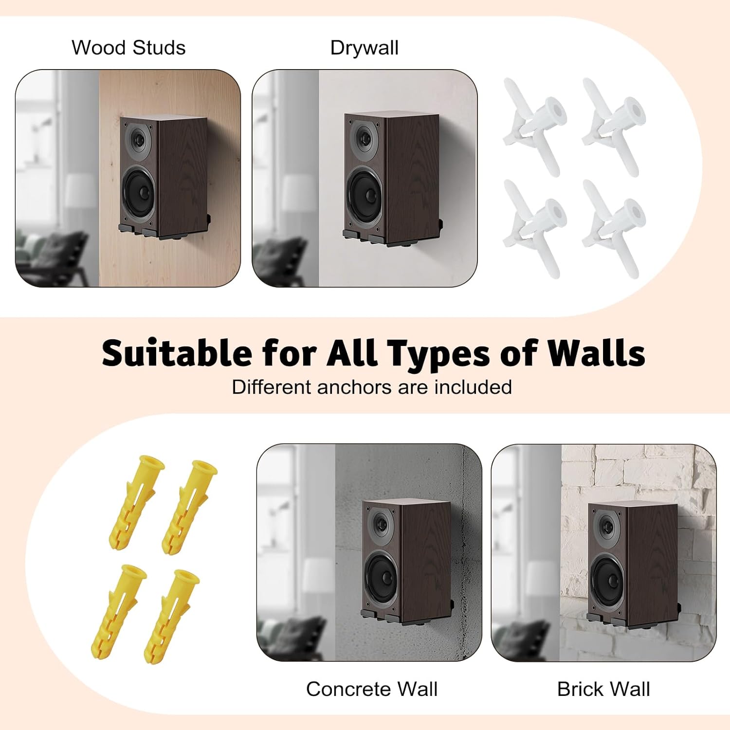 Wood Studs  
Drywall  

Suitable for All Types of Walls  
Different anchors are included  

Concrete Wall  
Brick Wall