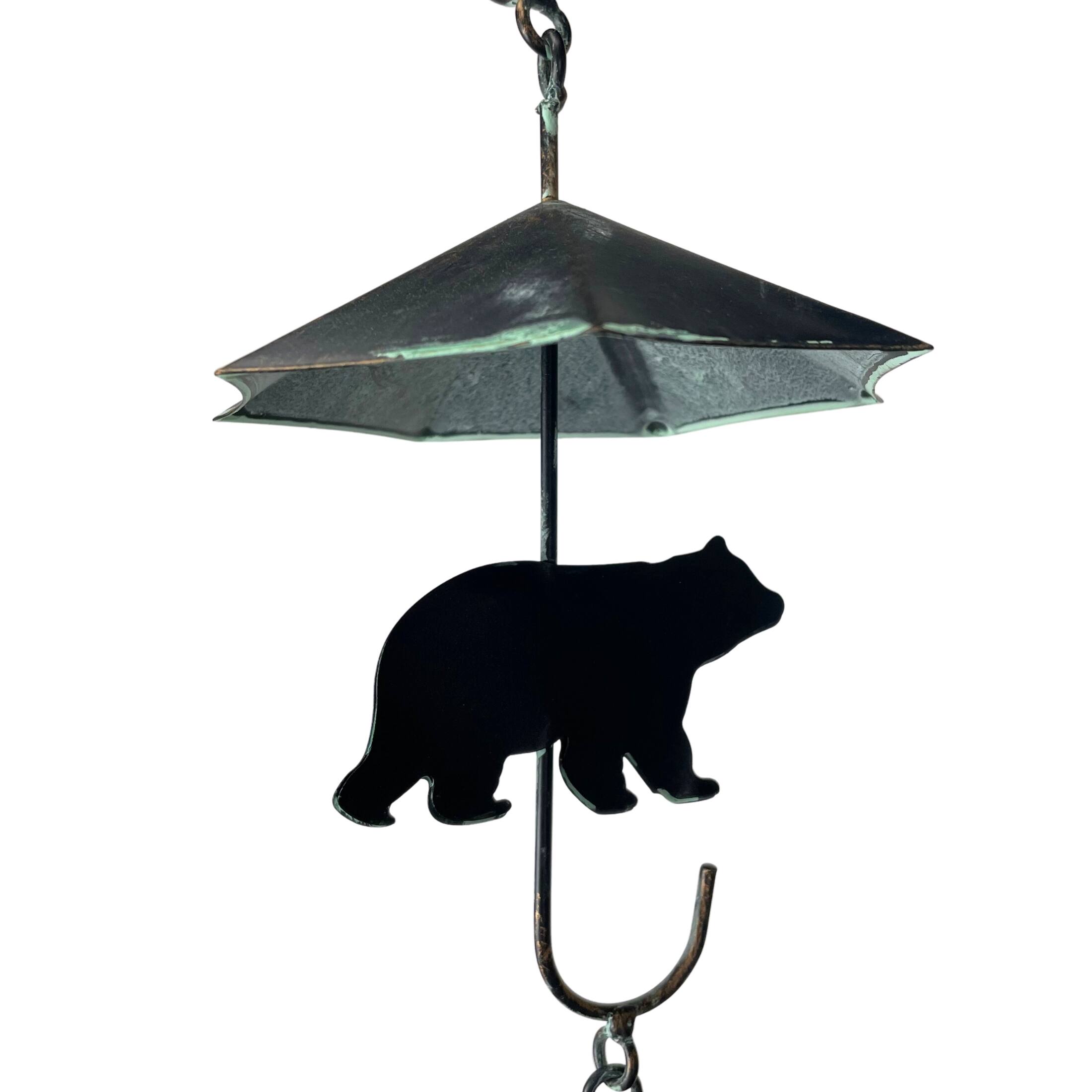 Alt View 2. Things2Die4 - Rustic Black Bear & Umbrella Rain Chain - 75" Long Distressed Verdigris Finish - Black.