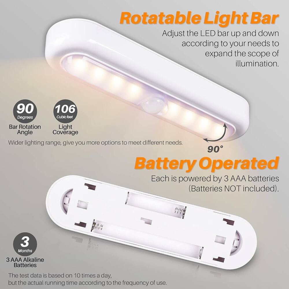 Rotatable Light Bar  
Adjust the LED bar up and down according to your needs to expand the scope of illumination.  

90 Degrees  
Bar Rotation Angle  

106 Cubic feet  
Light Coverage  

Wider lighting range, give you more options to meet different needs.  

Battery Operated  
Each is powered by 3 AAA batteries (Batteries NOT included).  

3 Months  
3 AAA Alkaline Batteries  

The test data is based on 10 times a day, but the actual running time according to the frequency of use.