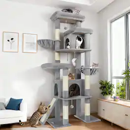 Globlazer - 78 inch Cat Tree for Indoor Cats Large Adult, Stable for 2-3 Large Cats with 2 Condos, Hammocks and Scratching Posts - Light Gray