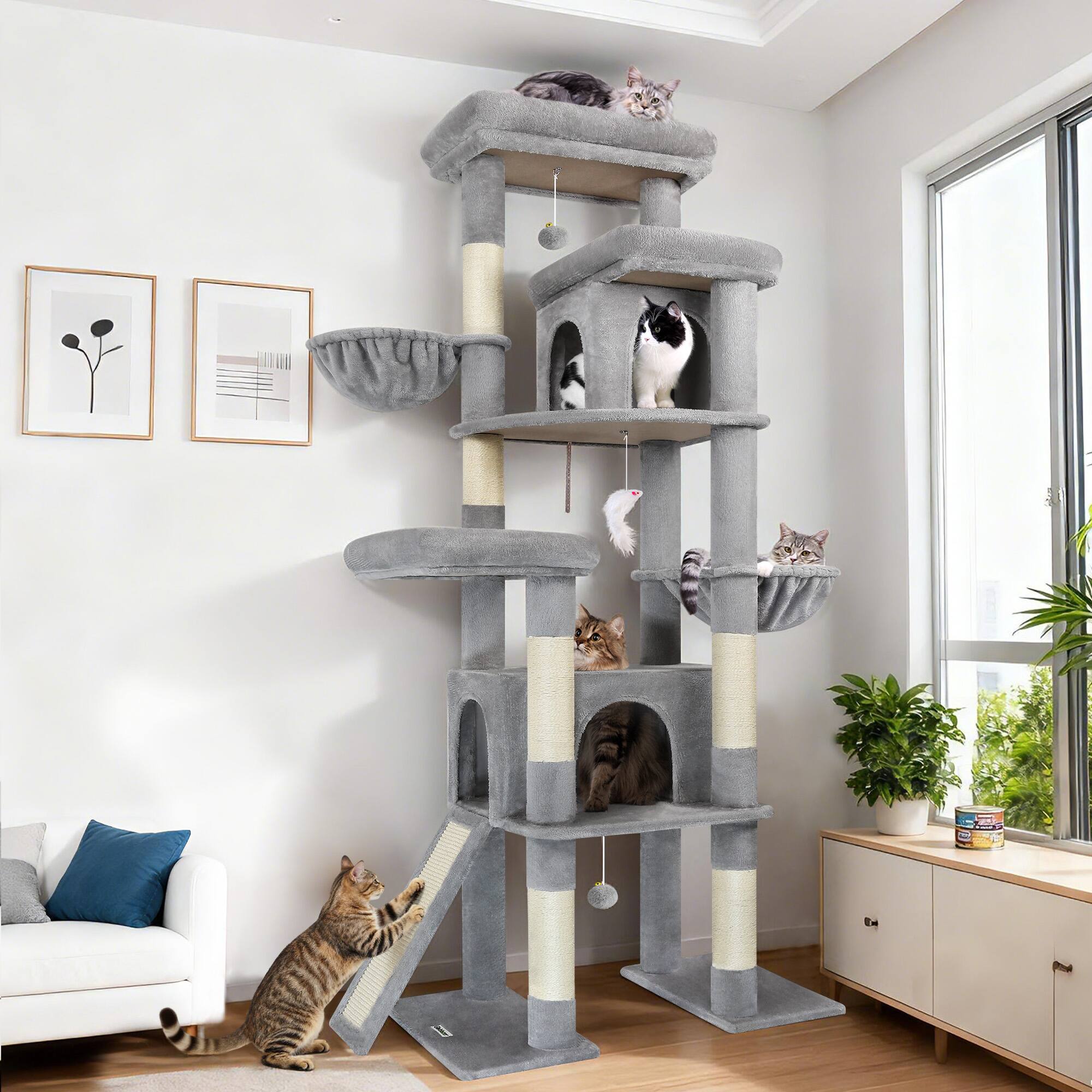 Front. Globlazer - 78 inch Cat Tree for Indoor Cats Large Adult, Stable for 2-3 Large Cats with 2 Condos, Hammocks and Scratching Posts - Light gray.