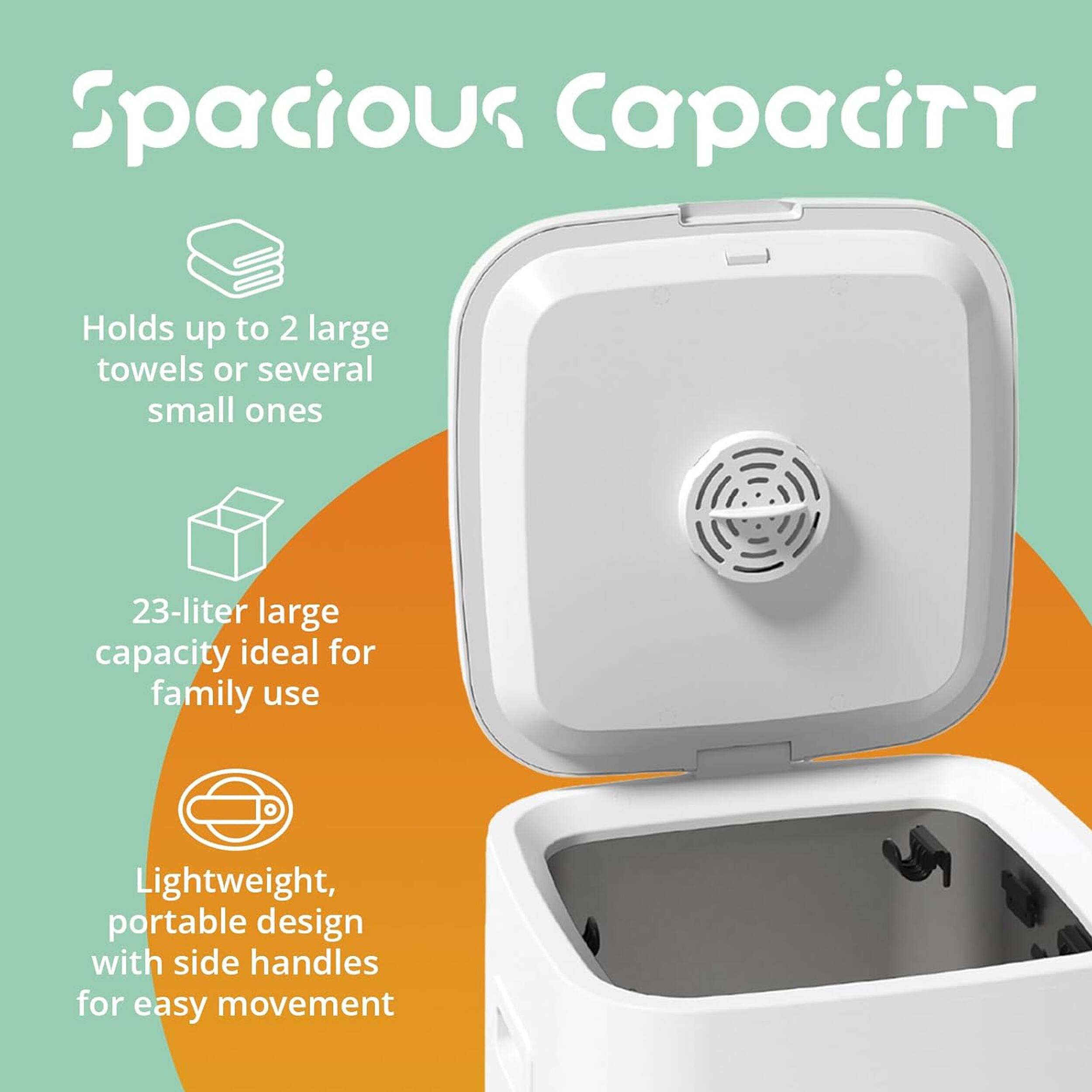 Spacious Capacity

Holds up to 2 large towels or several small ones

23-liter large capacity ideal for family use

Lightweight, portable design with side handles for easy movement