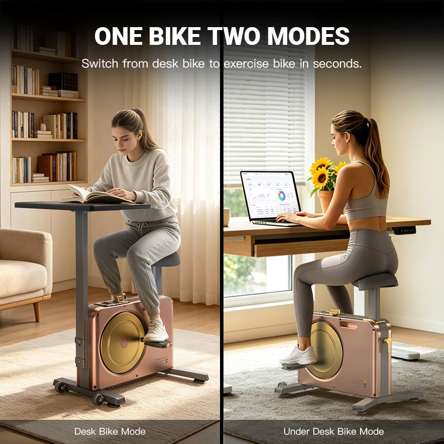 ONE BIKE TWO MODES  
Switch from desk bike to exercise bike in seconds.  

Desk Bike Mode  
Under Desk Bike Mode