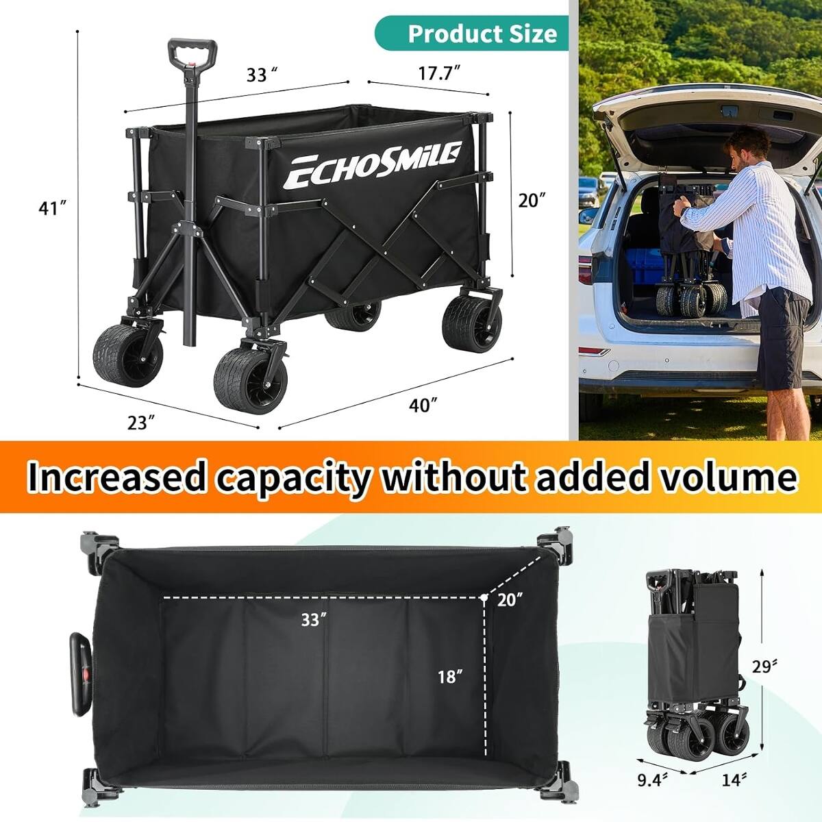 Product Size

41"  
33" 17.7" ECHOSMiLE 20"  
40" 23" Increased capacity without added volume  
33"  
20"  
18"  
29"  
9.4"  
14"