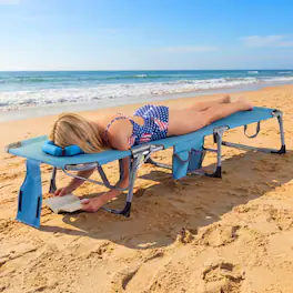 Mondawe - Folding Tanning Chair w Face & Arm Holes Adjustable Backrest Removable Pillow Storage Pockets - Navy
