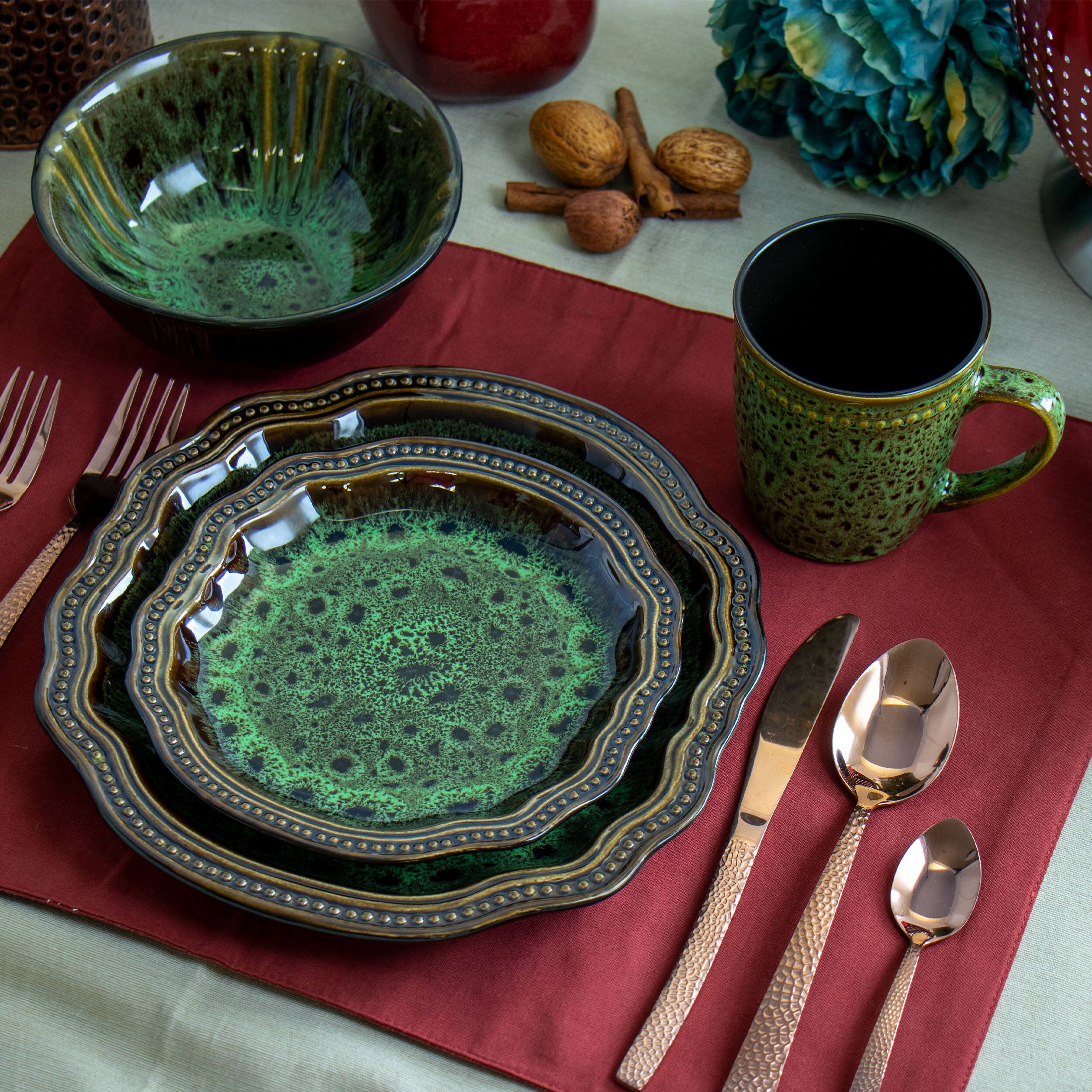 Alt View 7. Elama - Elama Jade Waves 16 Piece Stoneware Dinnerware Set in Green - Green.