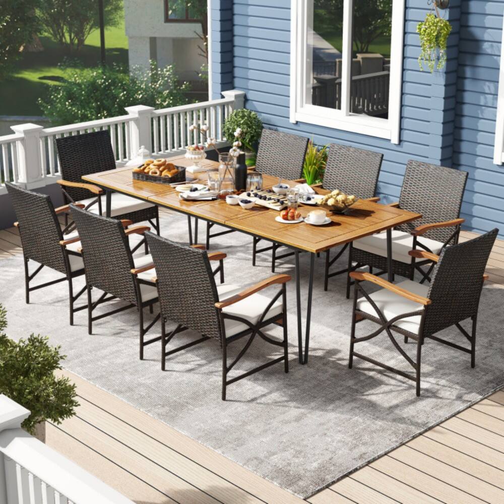 Angle. Mondawe - Wicker Patio Furniture Set of 8 Armchairs with Soft Cushions and Acacia Wood Square Table - Mix Brown.