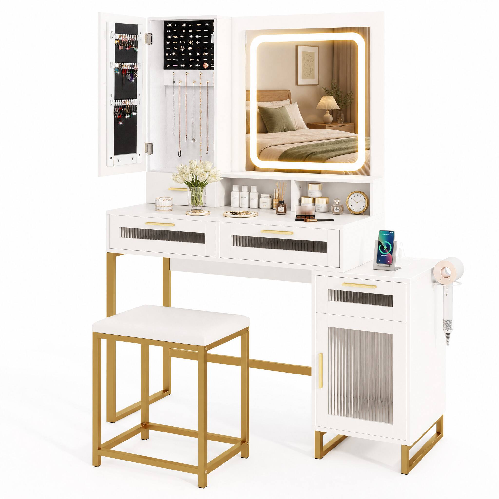 Alt View 5. WELLFOR - Makeup Vanity Desk with 3 Color Lighted Mirror & Charging Station ,Dressing Table with Jewelry Cabinet and Padded Stool - White.