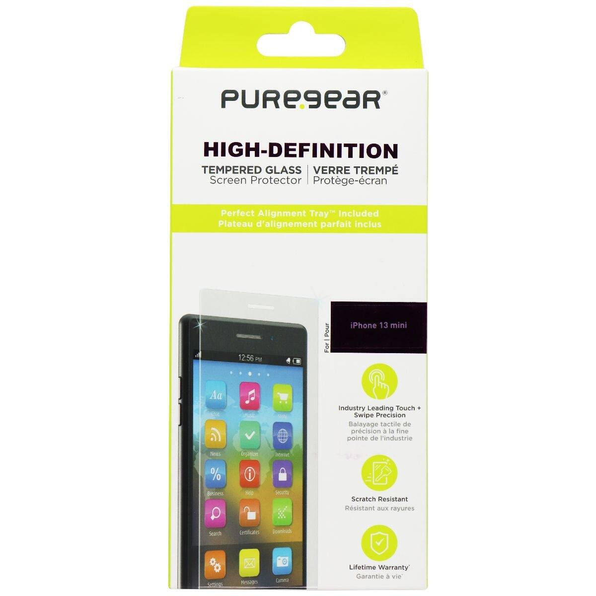 PUREgeaR HIGH-DEFINITION TEMPERED GLASS VERRE TREMPÉ Screen Protector Protège-écran Perfect Alignment Tray" Included Plateau d'alignement parfait inclus 12:56 PM Pour iPhone 13 mini

Industry Leading Touch Swipe Precision Balayage tactile de précision à la fine pointe de l'industrie

Scratch Resistant Résistant aux rayures

Lifetime Warranty Garantie à vie